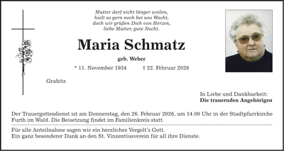 Traueranzeige Maria Schmatz