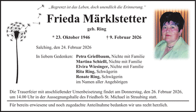 Traueranzeige Frieda Märklstetter
