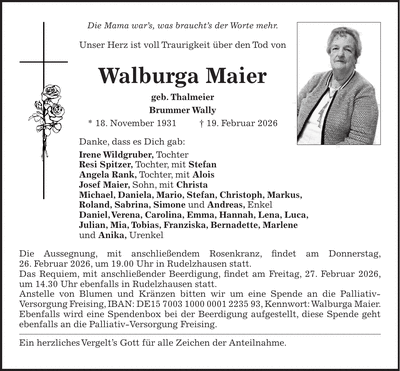 Traueranzeige Walburga Maier