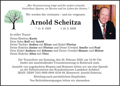 Traueranzeige Arnold Scheitza