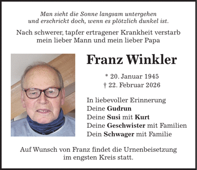 Traueranzeige Franz Winkler