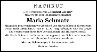 Traueranzeige Maria Schmatz