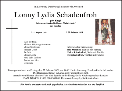 Traueranzeige Lonny Lydia Schadenfroh