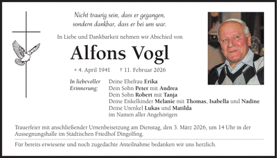 Traueranzeige Alfons Vogl