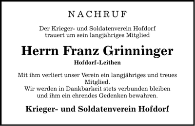 Traueranzeige Franz Grinninger