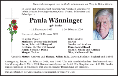 Traueranzeige Paula Wänninger