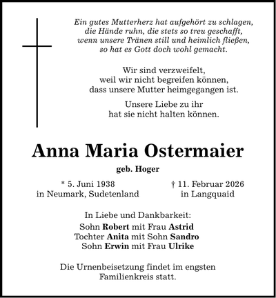 Traueranzeige Anna Maria Ostermaier