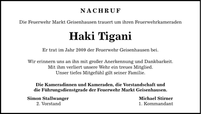 Traueranzeige Haki Tigani