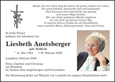 Traueranzeige Liesbeth Anetsberger