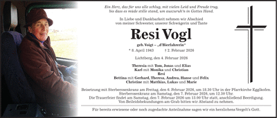 Traueranzeige Resi Vogl