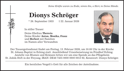 Traueranzeige Dionys Schröger