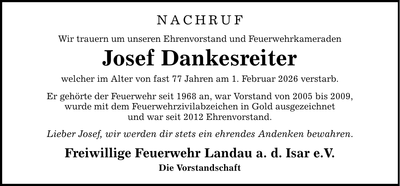 Traueranzeige Josef Dankesreiter