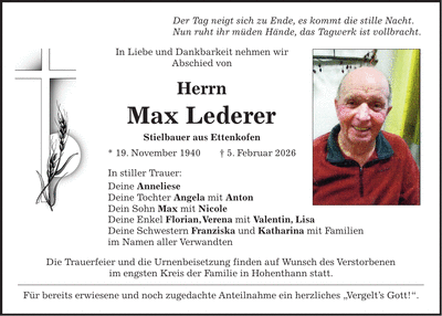 Traueranzeige Max Lederer