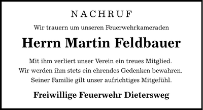 Traueranzeige Martin Feldbauer