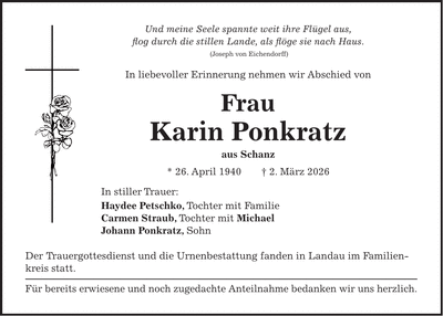 Traueranzeige Karin Ponkratz
