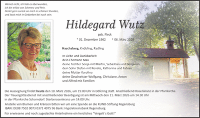 Traueranzeige Hildegard Wutz