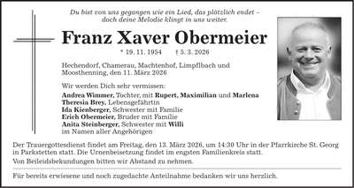 Traueranzeige Franz Xaver Obermeier