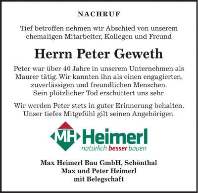 Traueranzeige Peter Geweth