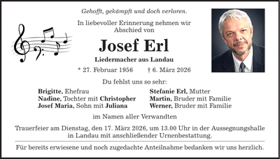 Traueranzeige Josef Erl