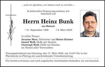 Traueranzeige Heinz Bunk