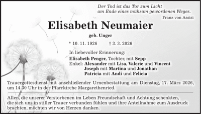Traueranzeige Elisabeth Neumaier