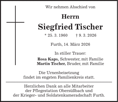 Traueranzeige Siegfried Tischer