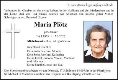 Traueranzeige Maria Plötz