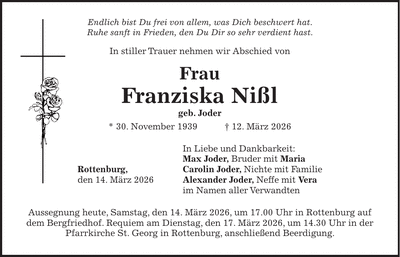 Traueranzeige Franziska Nißl