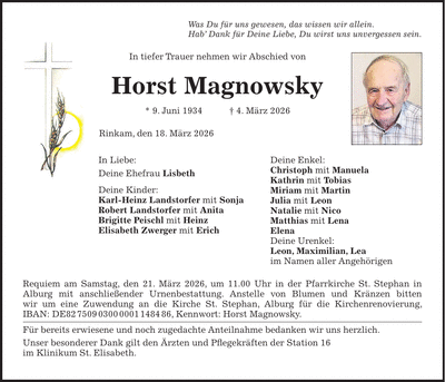Traueranzeige Horst Magnowsky