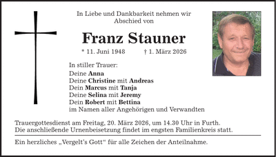 Traueranzeige Franz Stauner