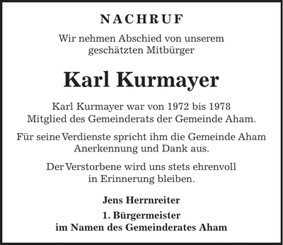 Traueranzeige Karl Kurmayer