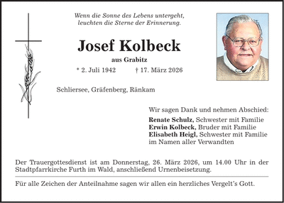 Traueranzeige Josef Kolbeck