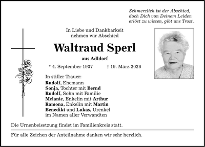 Traueranzeige Waltraud Sperl