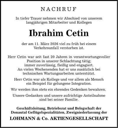 Traueranzeige Ibrahim Cetin