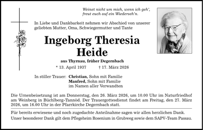 Traueranzeige Ingeborg Theresia Heide