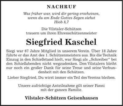 Traueranzeige Siegfried Kaschel