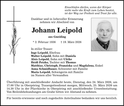 Traueranzeige Johann Leipold