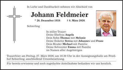 Traueranzeige Johann Feldmeier