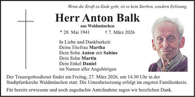 Traueranzeige Anton Balk