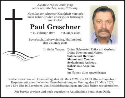 Traueranzeige Paul Greschner