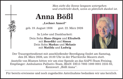 Traueranzeige Anna Bößl