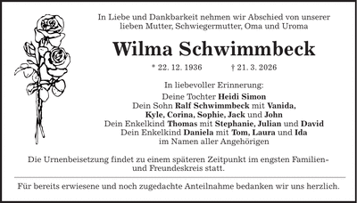 Traueranzeige Wilma Schwimmbeck