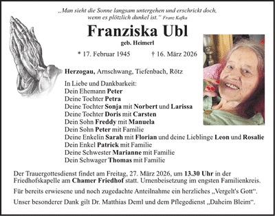 Traueranzeige Franziska Ubl