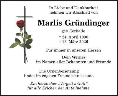 Traueranzeige Marlis Gründinger