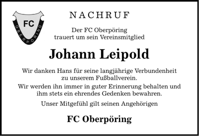 Traueranzeige Johann Leipold