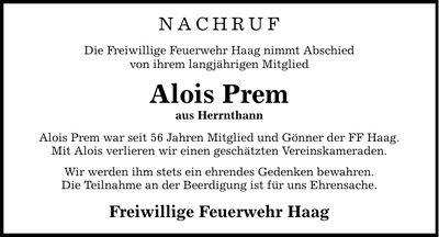 Traueranzeige Alois Prem