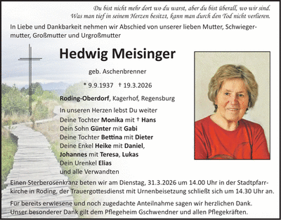 Traueranzeige Hedwig Meisinger