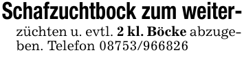 Schafzuchtbock zum weiter-züchten u. evtl. 2 kl. Böcke abzugeben. Telefon 08753/966826