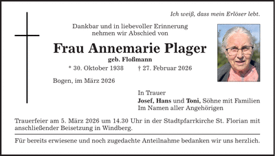 Traueranzeige Annemarie Plager