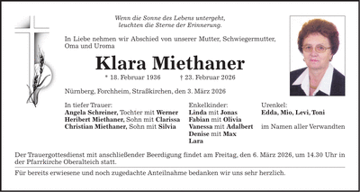 Traueranzeige Klara Miethaner